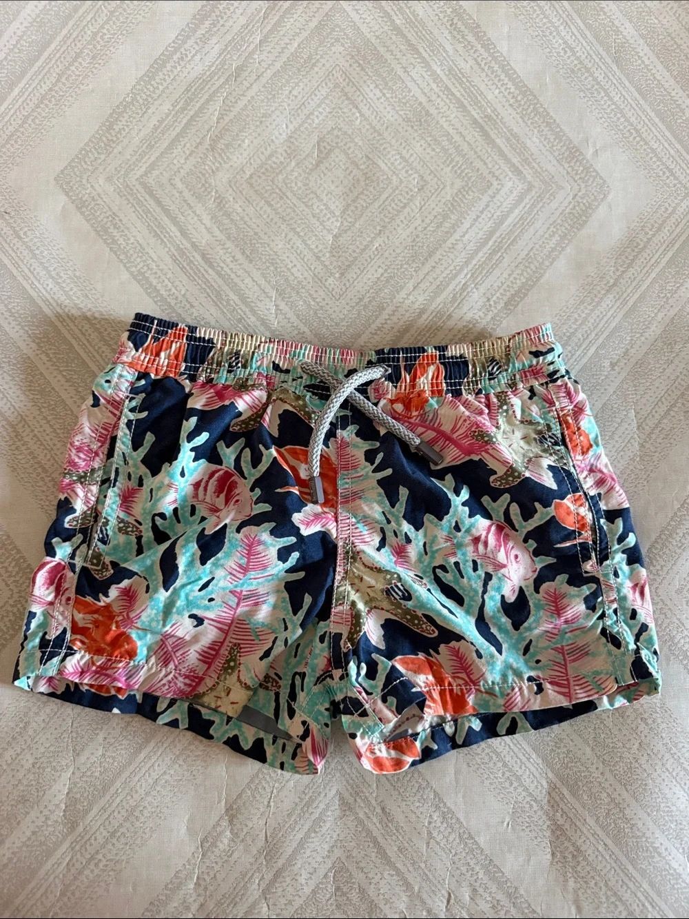 Vilebrequin Boys Size 4 Navy Floral Swim Trunks Coral Accent Designer Shorts